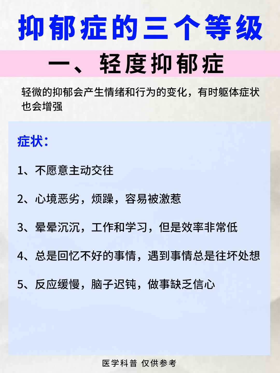 有时躯体症状也会增强 二,中度抑郁症 如果轻度抑郁没有得到有效控制