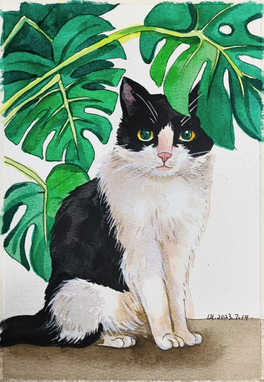 猫咪水彩画 细腻的笔触描绘出猫咪的柔软毛发和灵动神态,色彩柔和