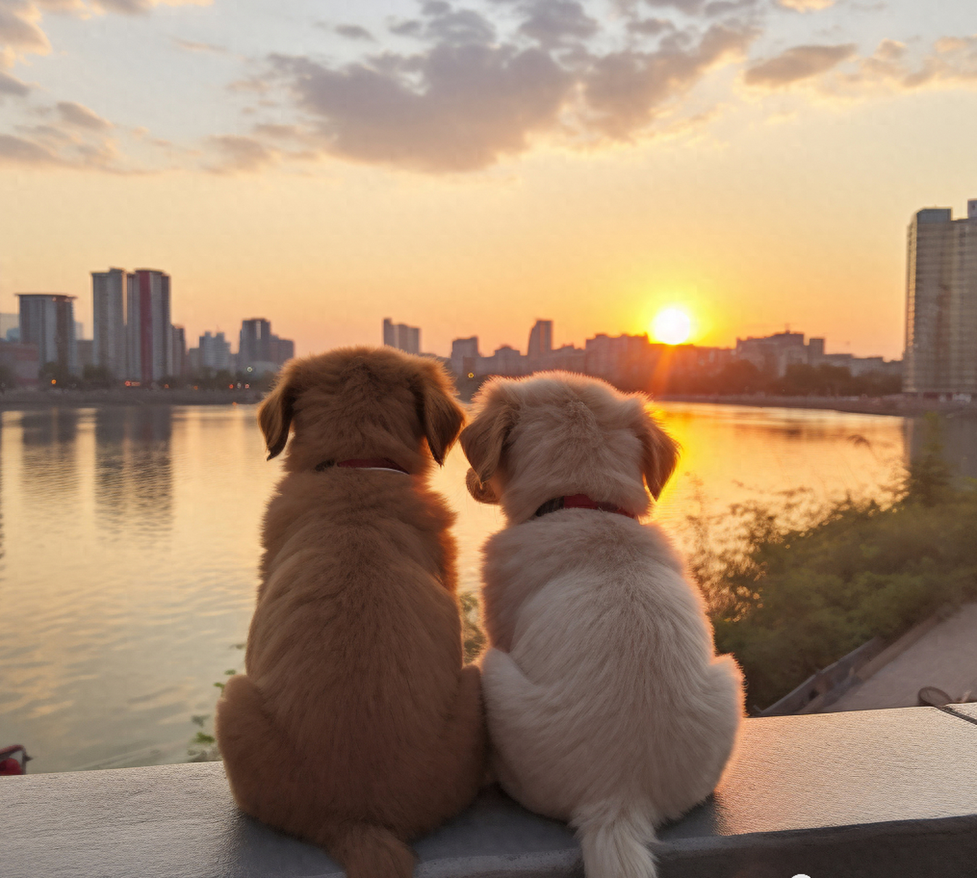 一场日落,邂逅一场萌宠的浪漫,温暖人心的视觉盛宴,两只可爱的小狗狗