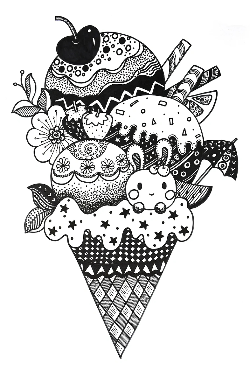 冰淇淋黑白线描装饰画图片