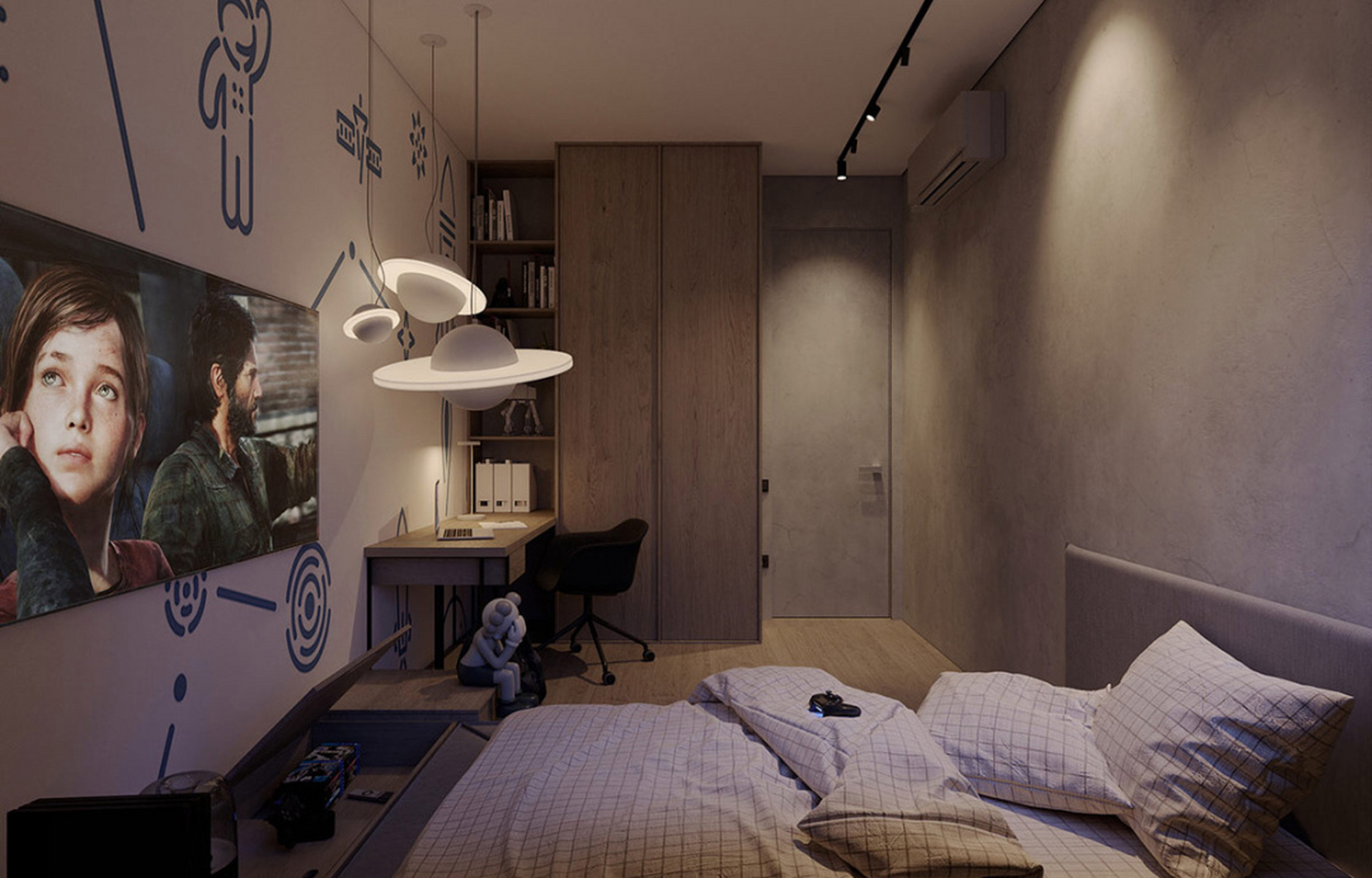 一间极具科幻感的男生卧室,宇宙飞船灯漂浮在空中,床位利用空隙,设计