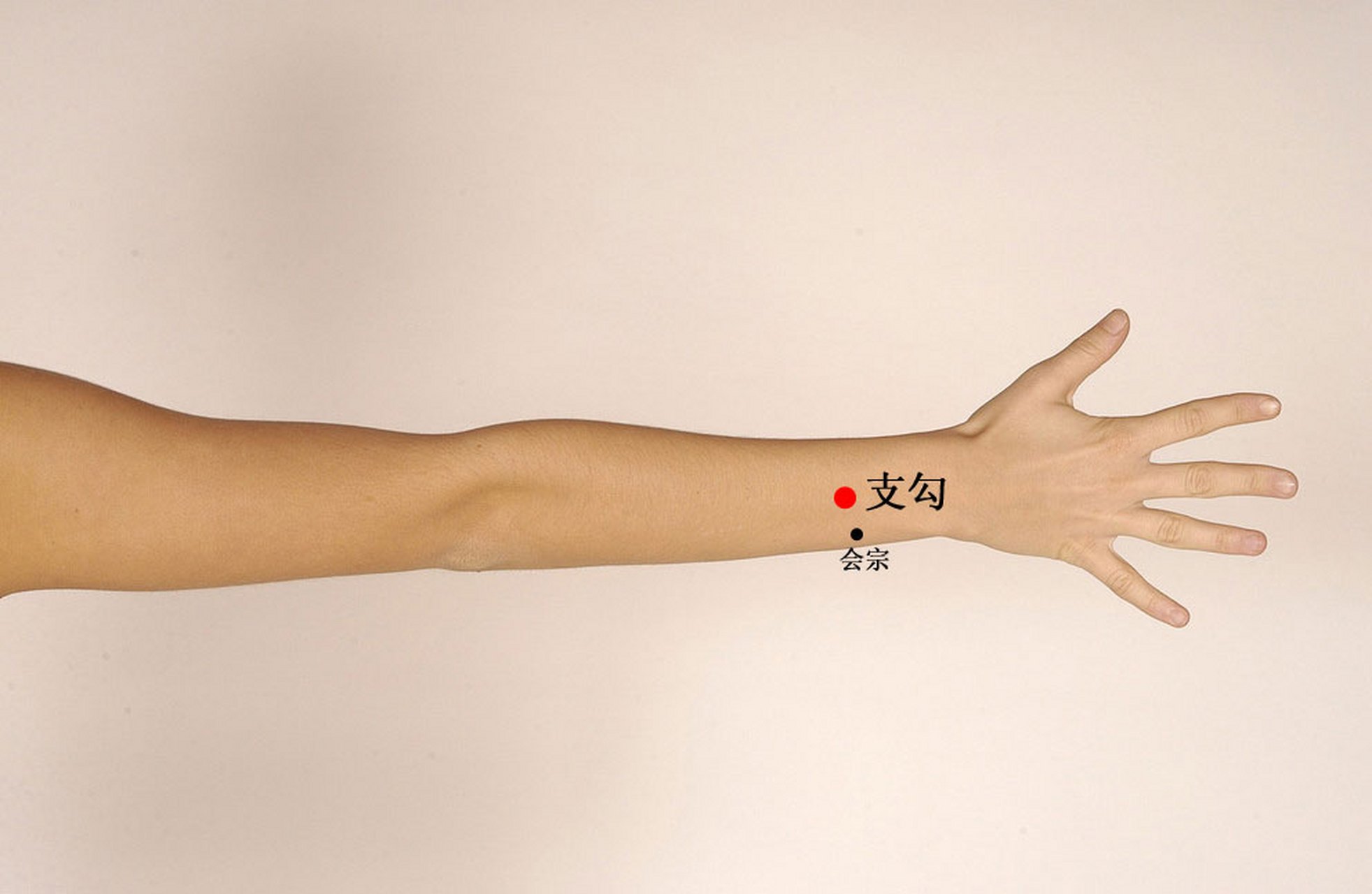 1,支沟穴:支沟穴位于手臂内侧,当手臂弯曲时,手肘内侧的凹陷处