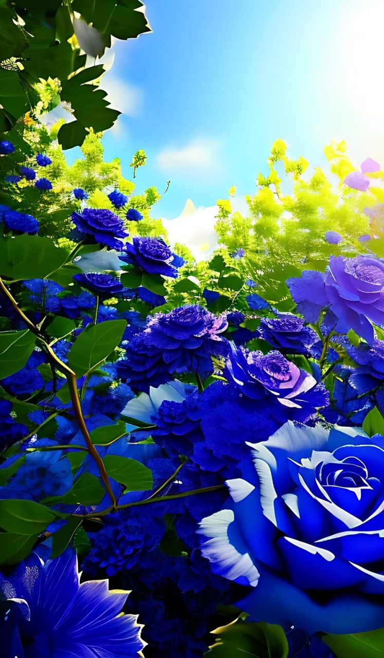 在这片绚丽的花海中,我发现了一朵独特的蓝玫瑰,它的颜色深邃而神秘