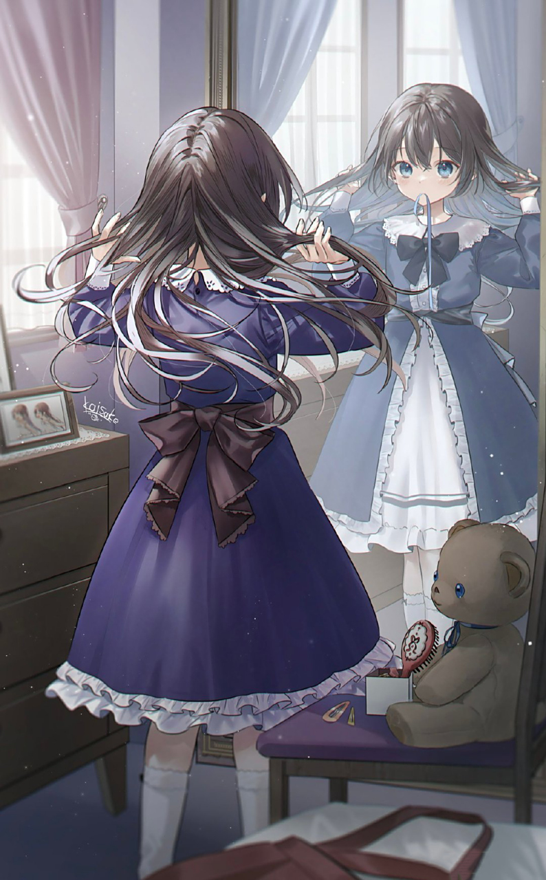 画师界さけ(twi:sasasakeee)笔下的一组镜像少女绘画,镜中的另一个