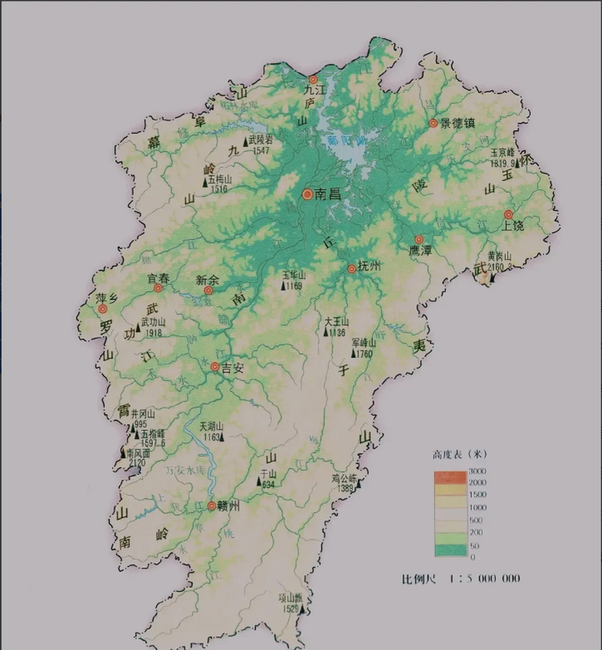 江西省地形高清图  江西的平原几乎是集中在以南昌为中心的方圆100