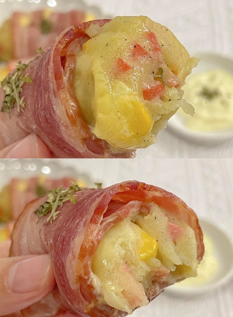 我才发现这么吃啊太绝了 馋了很久的土豆泥培根卷 真的 一口沦陷 焦香