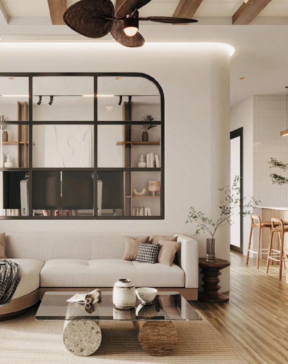 沙发后做半墙玻璃,书房和客厅都通透啦[照相机] [照相机]将沙发背景墙