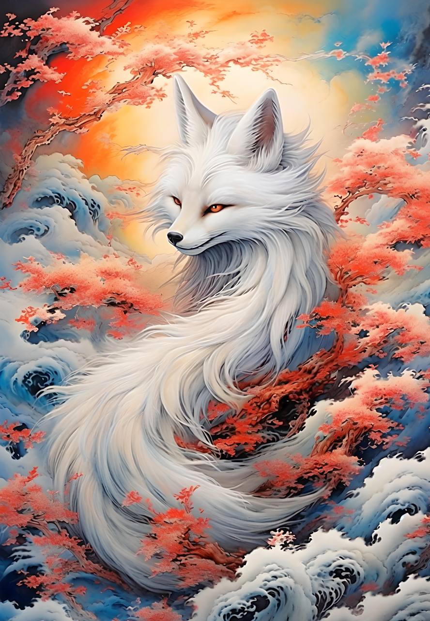 狐狸九尾艳,临风舞彩霞.