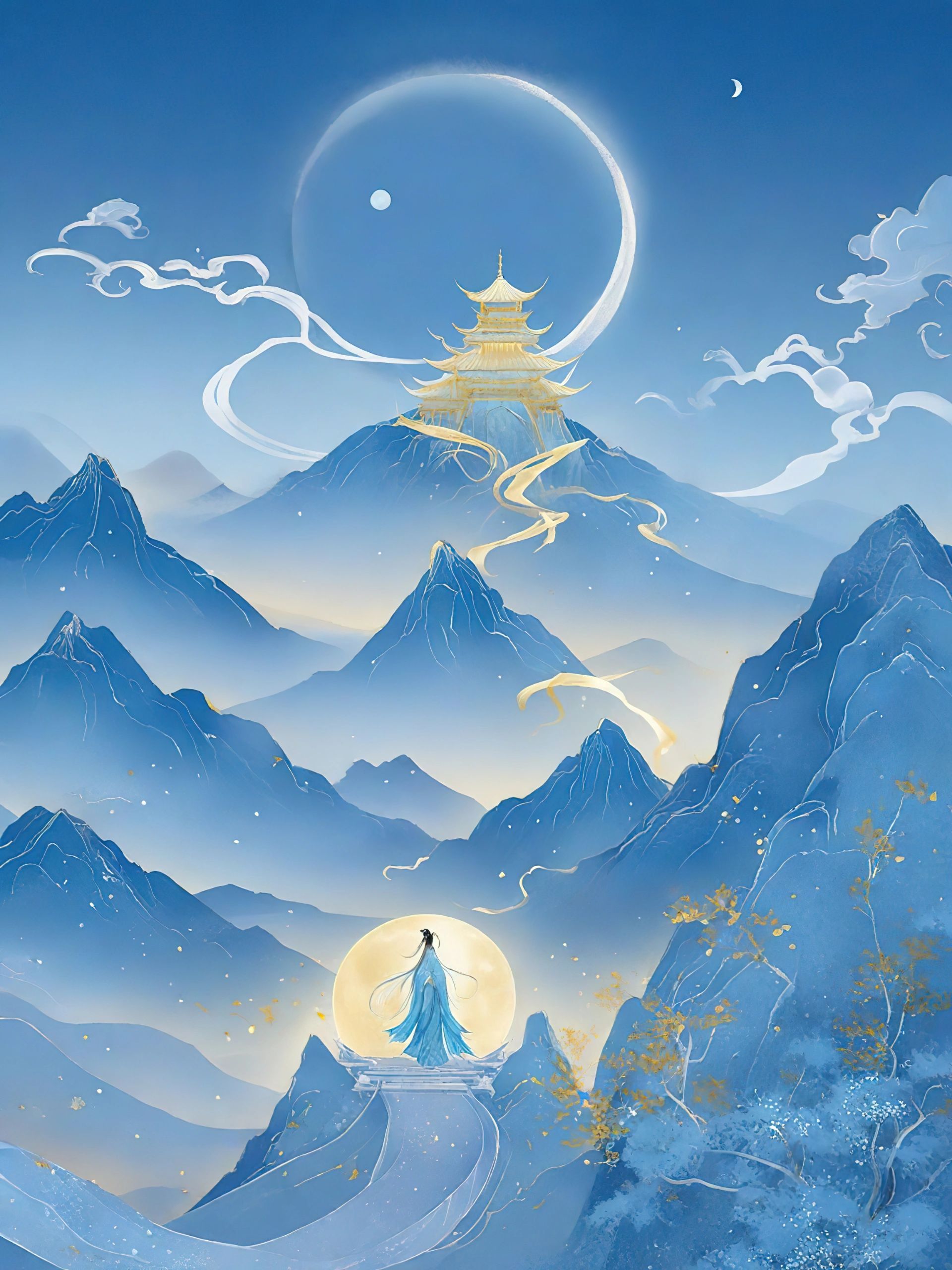 自古粉蓝出cp,在古风插画领域,这个公式同样适用; 蓝色深邃高远,如同
