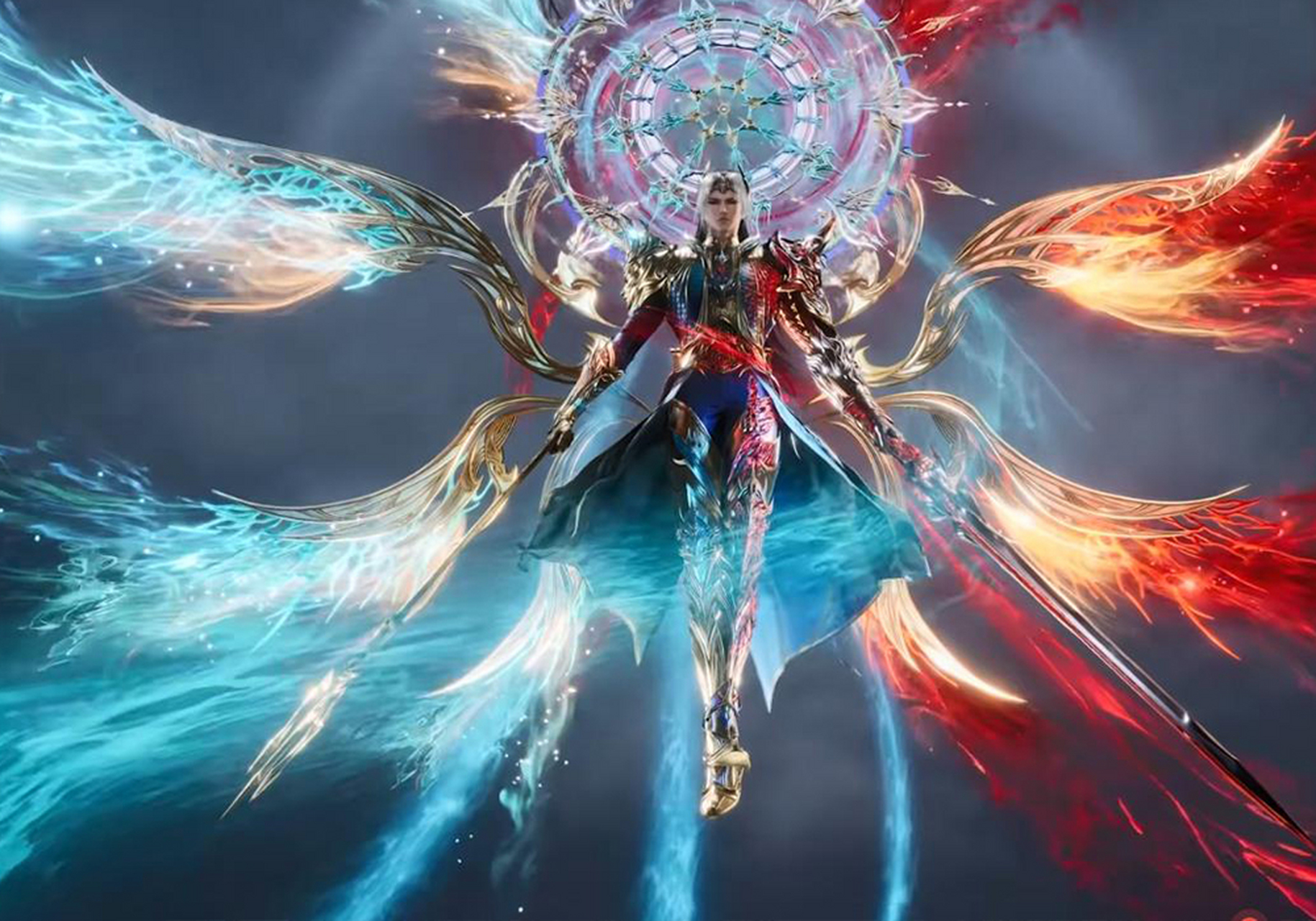 唐三双神共存神装造型,红蓝配色,手执两大神器,被染红的海神八翼有点