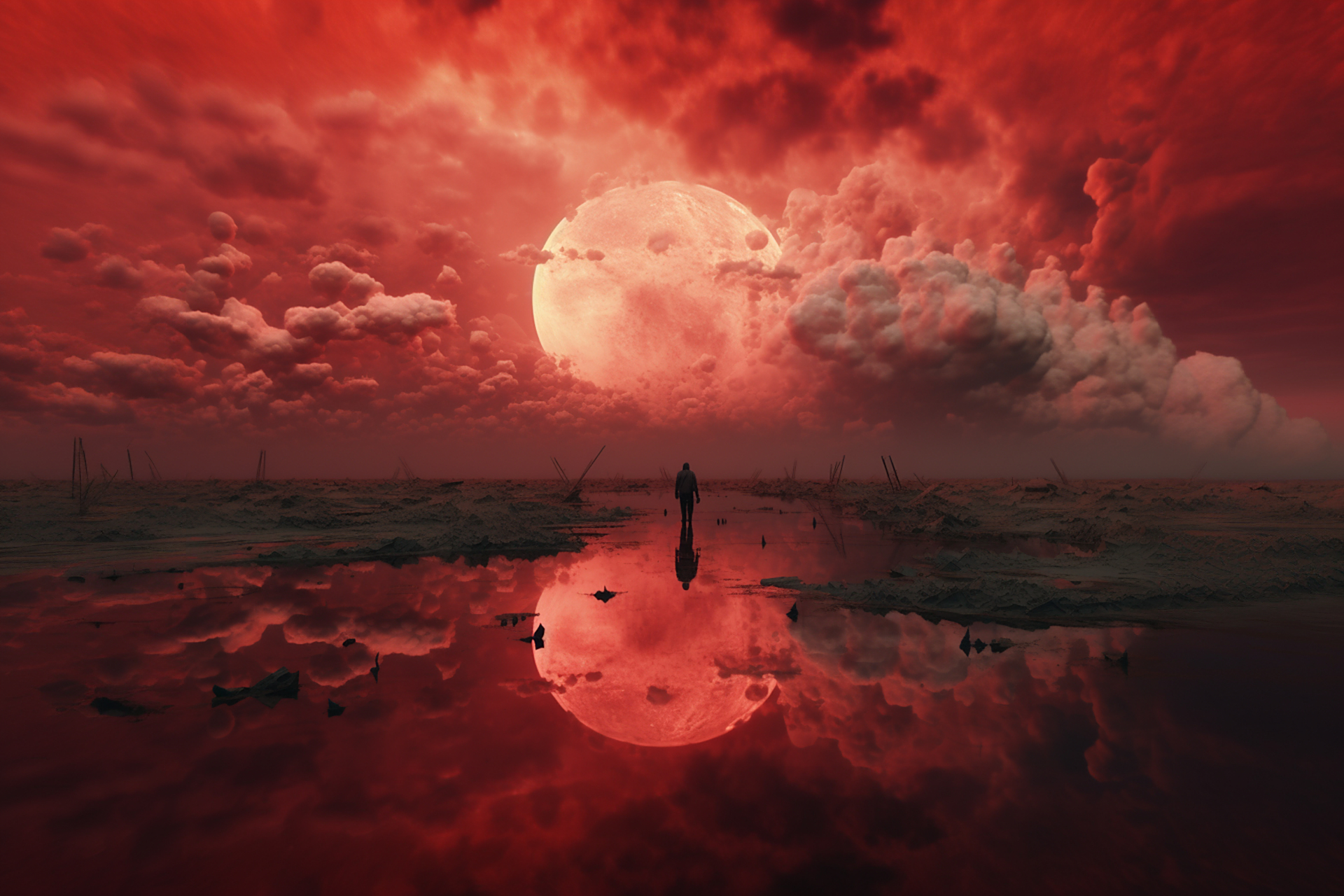 末日的黄昏,孤单无助!一轮红日映红了世界万物!#ai绘画