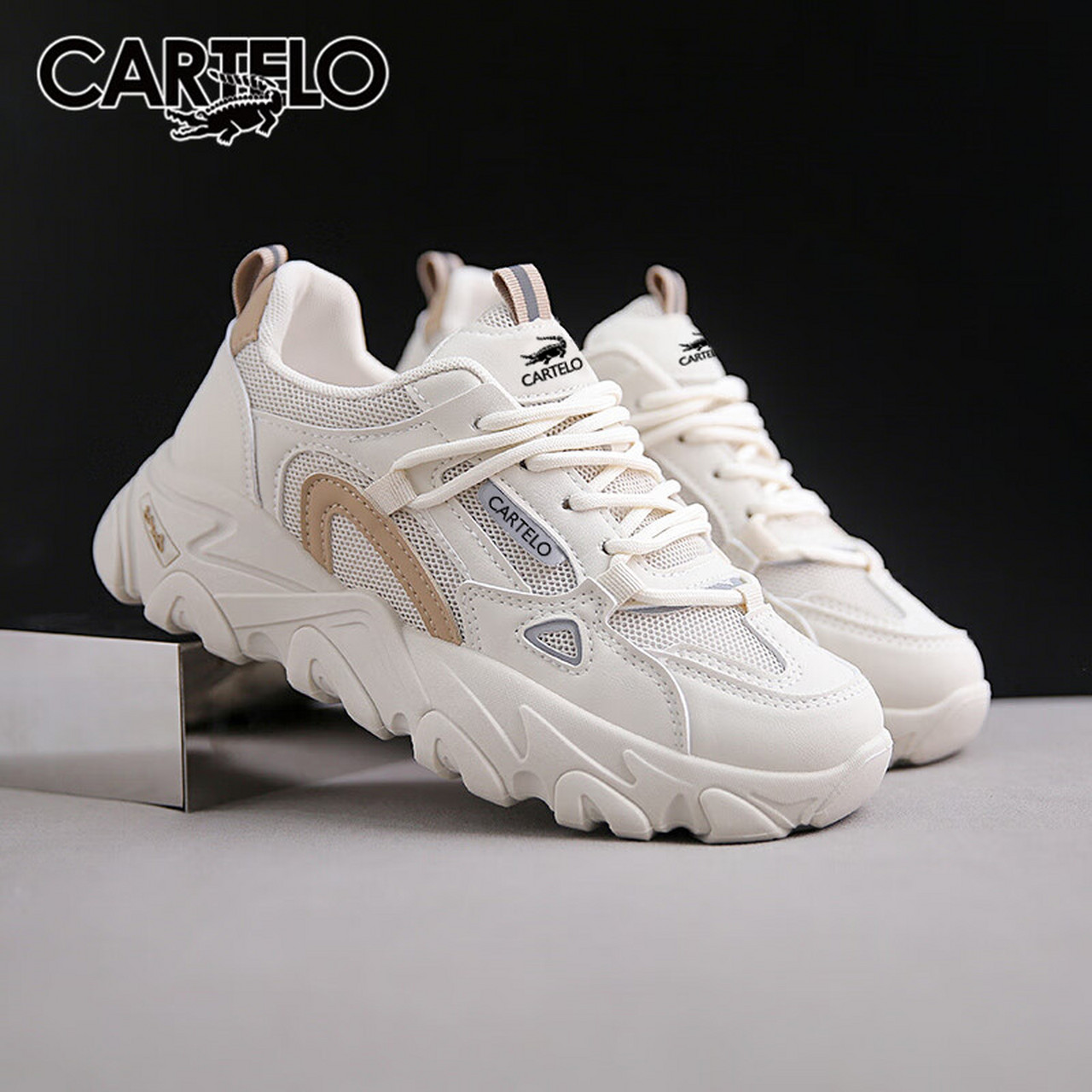 卡帝乐鳄鱼休闲鞋女鞋秋季老爹鞋女潮流运动鞋跑步鞋子女 0939 米色