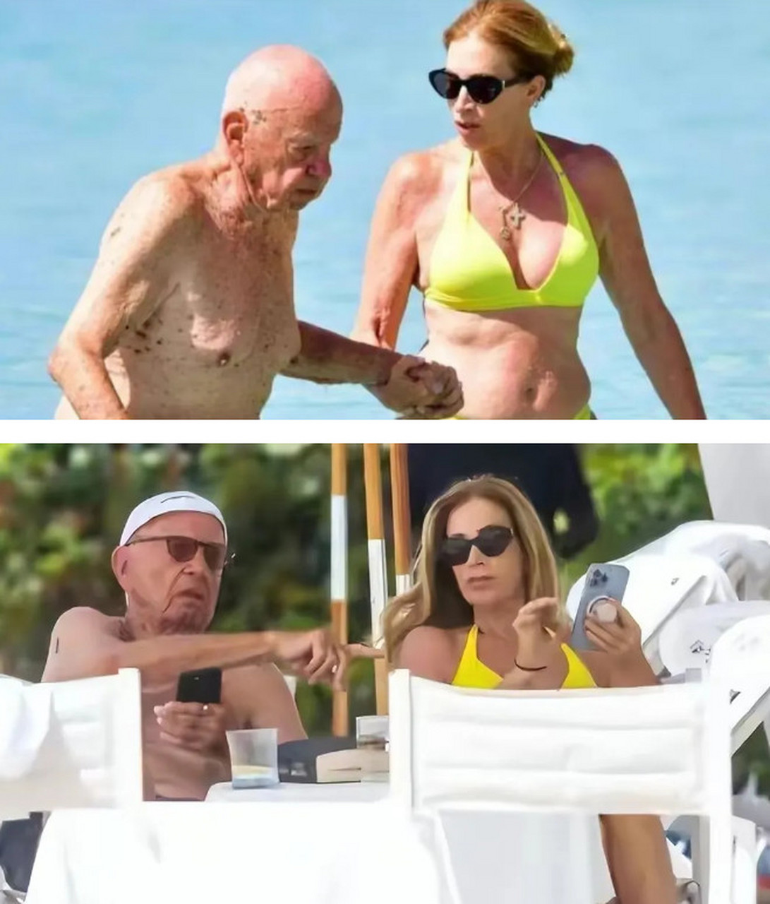 91岁的默多克,和小他几十岁的年轻漂亮女朋友,在海边度假休闲的场景.