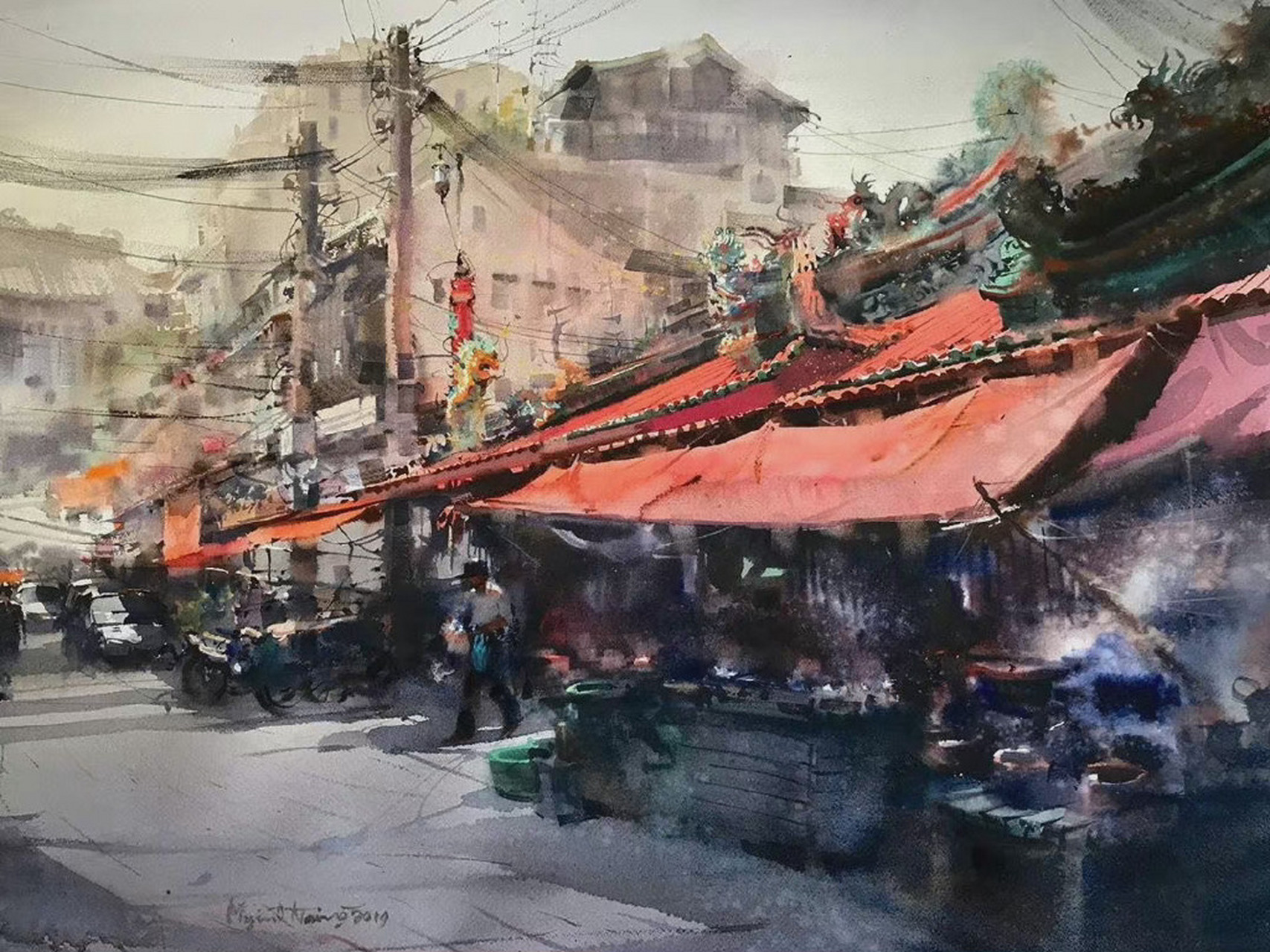 艺术家 myint naing 的水彩街市#水彩画#远伦分享