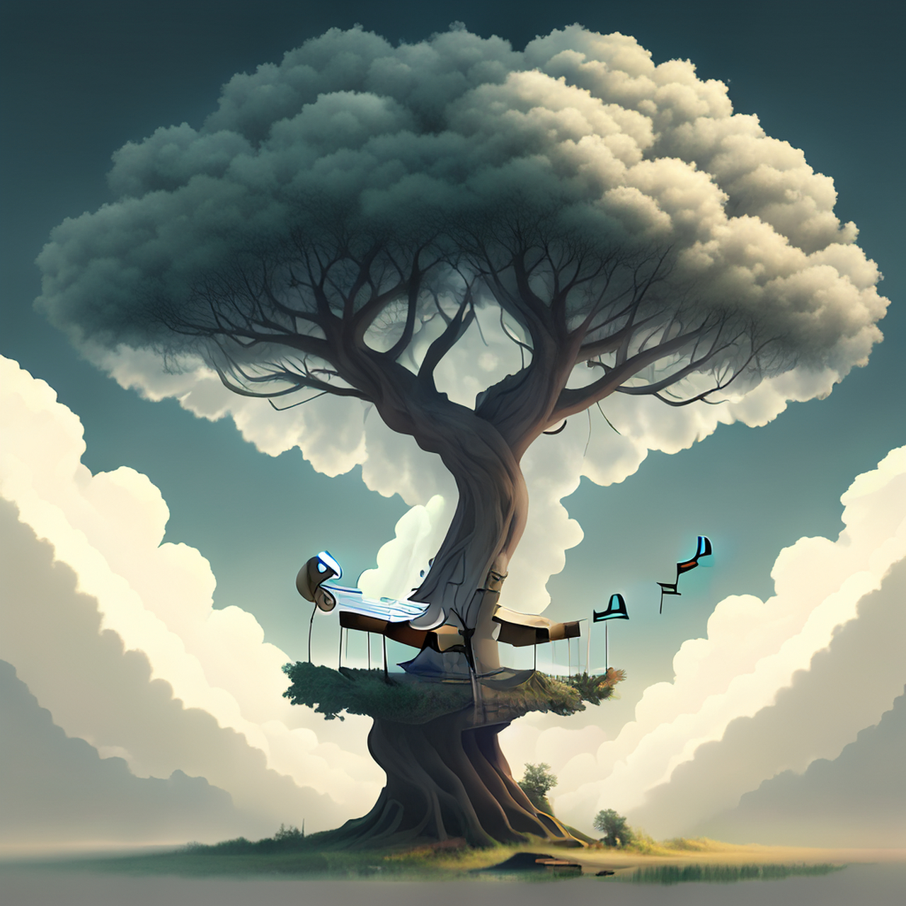 古树间云独抱琴,琴声寂静树云深.虚幻,宁谧,明快#百度文心一言来了