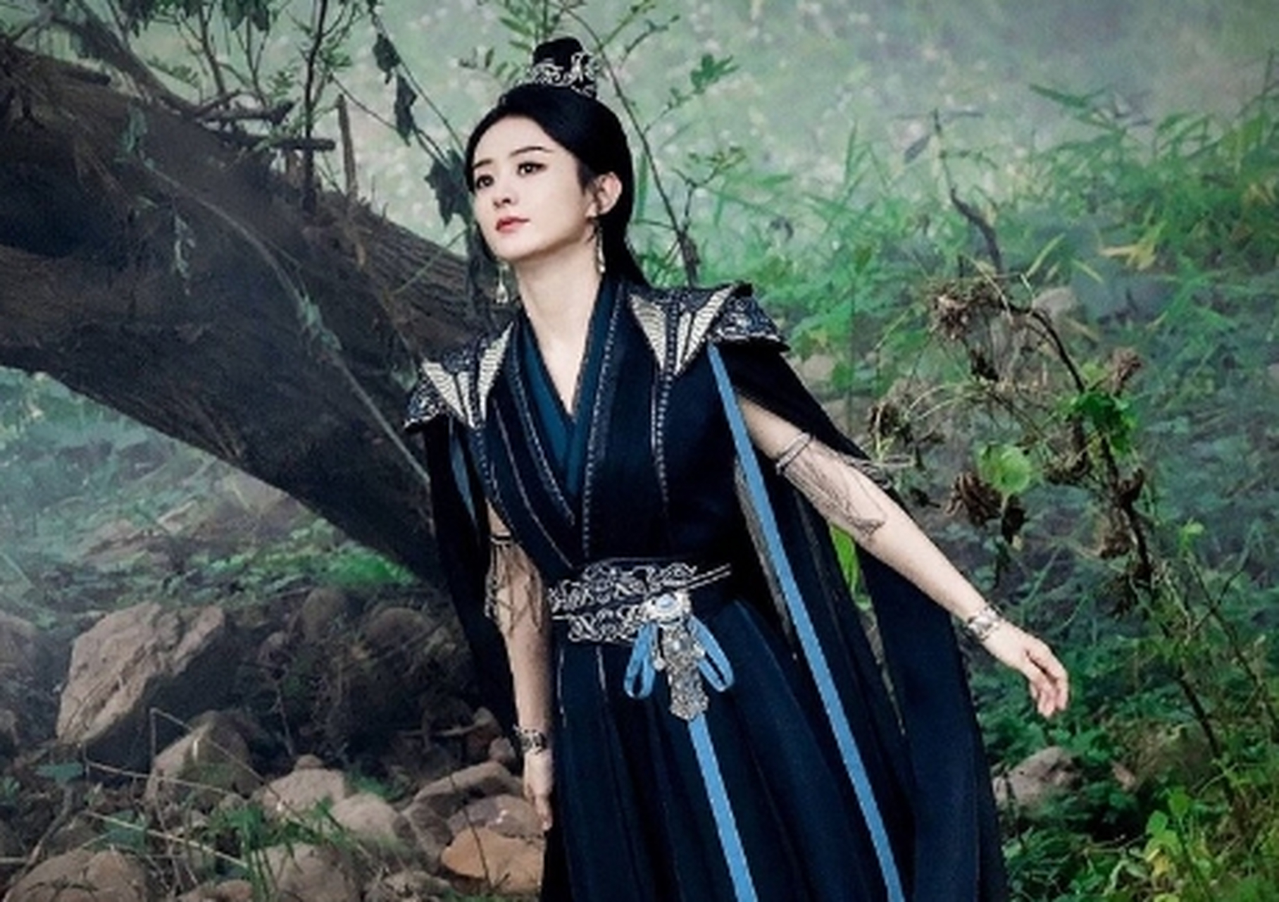 在照片中,赵丽颖身穿深蓝色戏服,发型梳成了高发髻,满满的侠女风范.