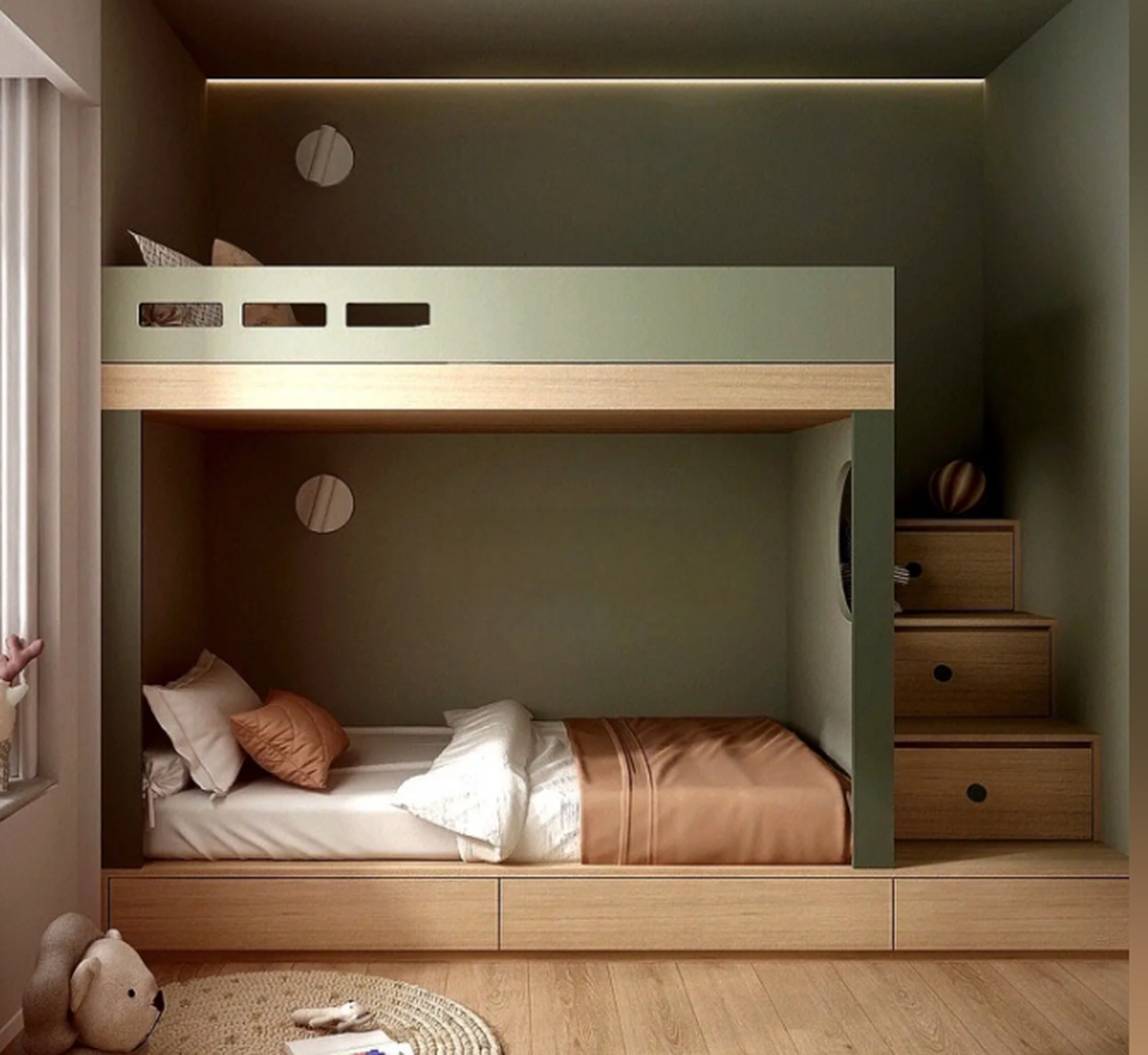 家庭两个孩子上下铺儿童房设计,         儿童房上下铺楼梯式设计,把