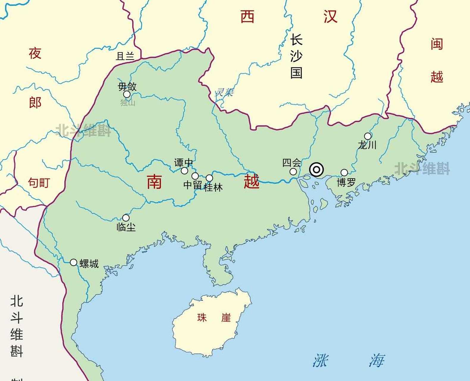 首先,根据出土文献证明南越国和长沙国的交界和后来交州和荆州的交界