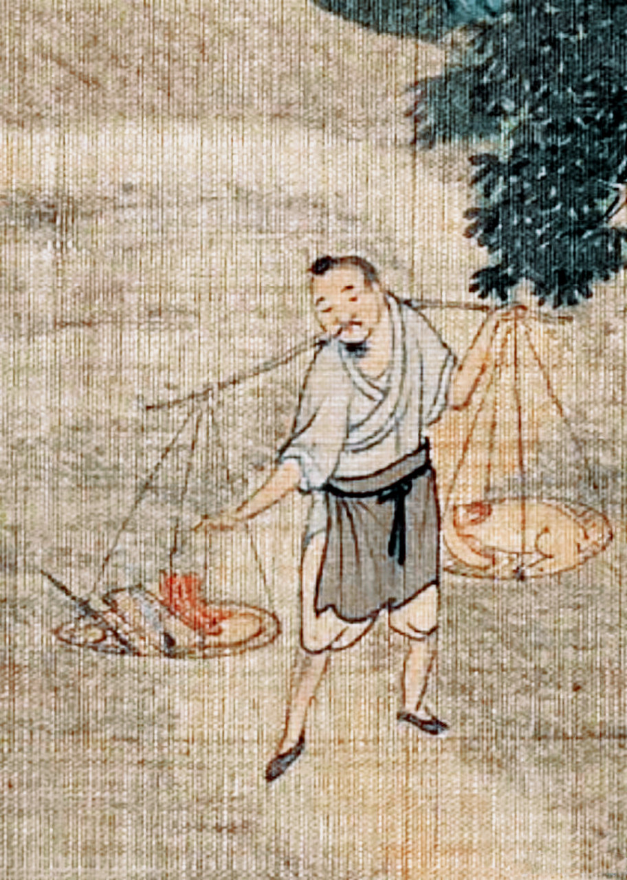 比起古装电视剧中的肉摊小贩,古代有不少肉贩是挑着担子卖肉的,这位