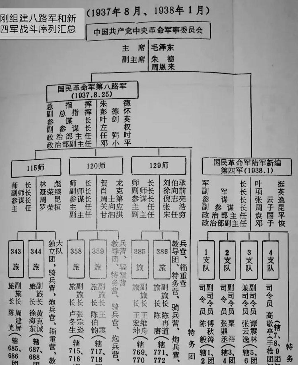 1937年8月,刚改编的八路军战斗序列.