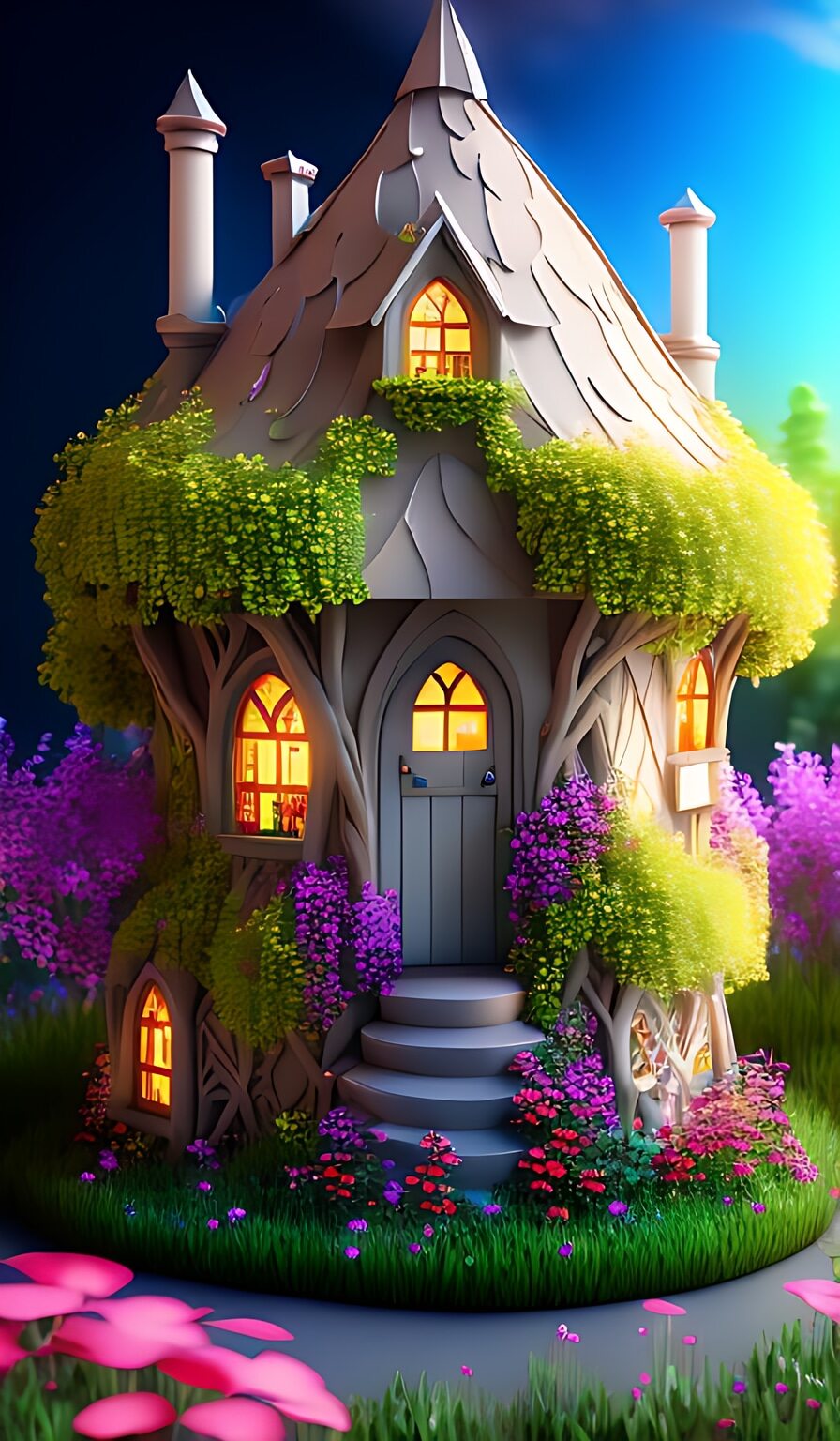 我的梦想花园,童话屋 周围有许多小野花 闪闪发光 超级细节 灯光效果