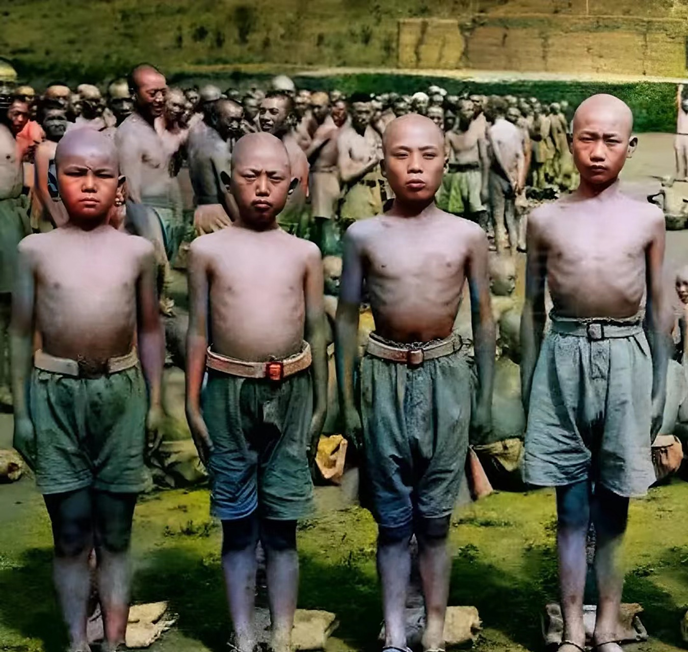这些娃娃兵背后是一支英勇无畏的远征军士兵,他们也都剃了光头,为了