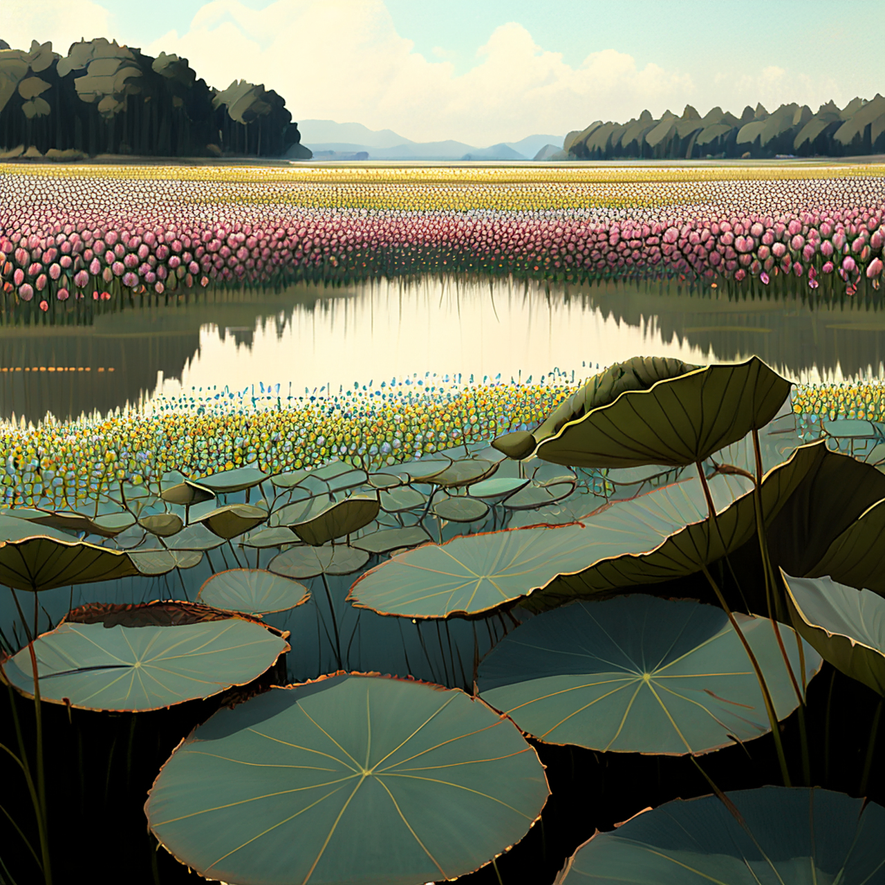 湖边莲叶已田田,闻道花开胜去年.朦胧,绚丽,优美#百度ai绘图黑科技