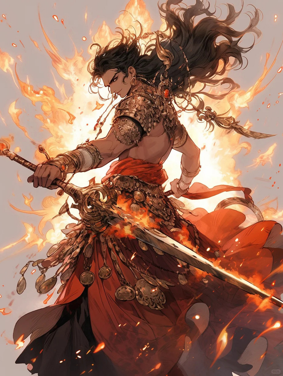 哪吒 以火焰重塑身躯 浴火重生 手拿红缨枪 脚踩风火轮 让火焰焚尽