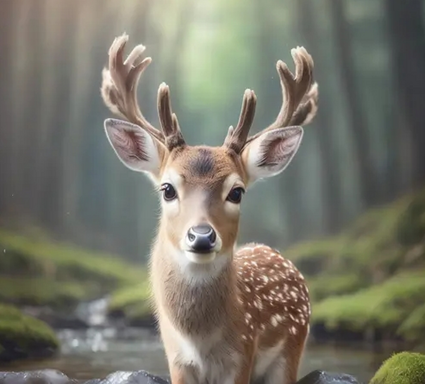 文心一言帮我画的梅花鹿,很小一只,鹿角很漂亮,它是穿梭在森林中的小