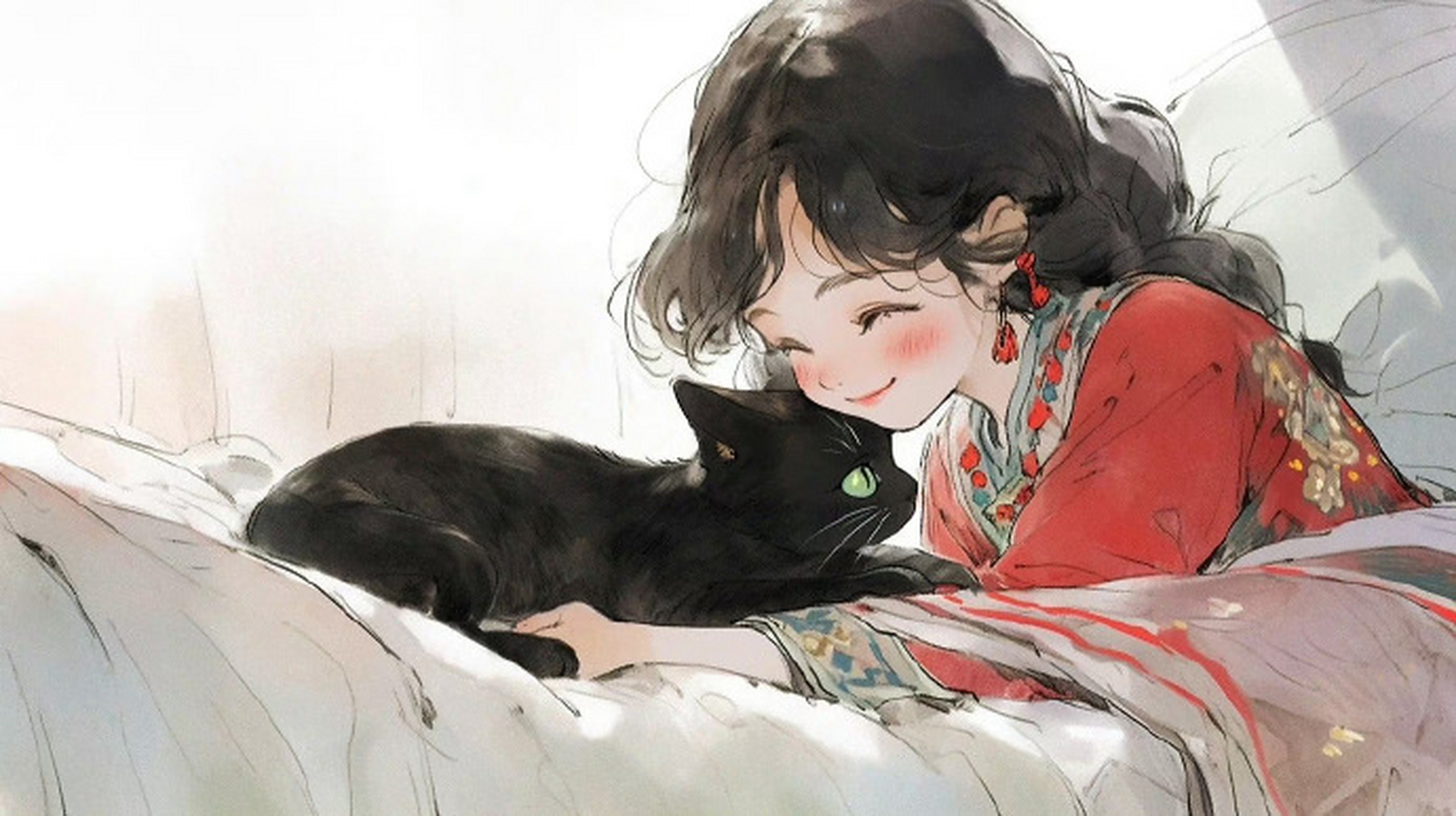 小猫咪古风插画横版壁纸,画风超级可爱! #古风小分队