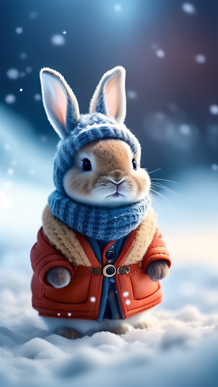 在这个寒冷的冬日,小兔子穿着温暖的冬装,站在雪地里,展现出可爱,呆萌