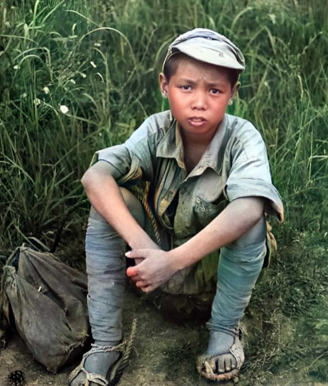 历史老照片: 抗日战争期间,一个娃娃兵的留影.