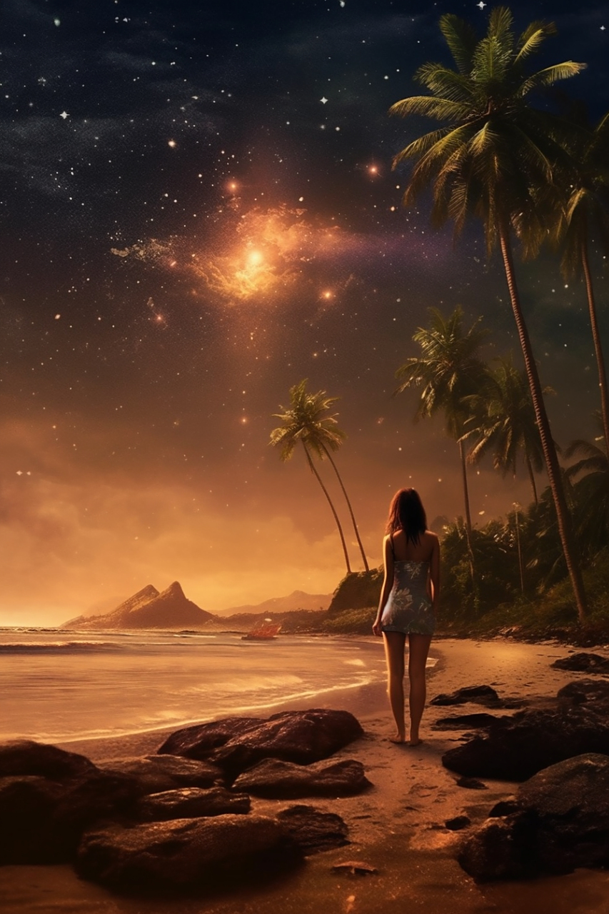 夕阳西下的海边,我站在那里仰望星空,等待着我爱的人!