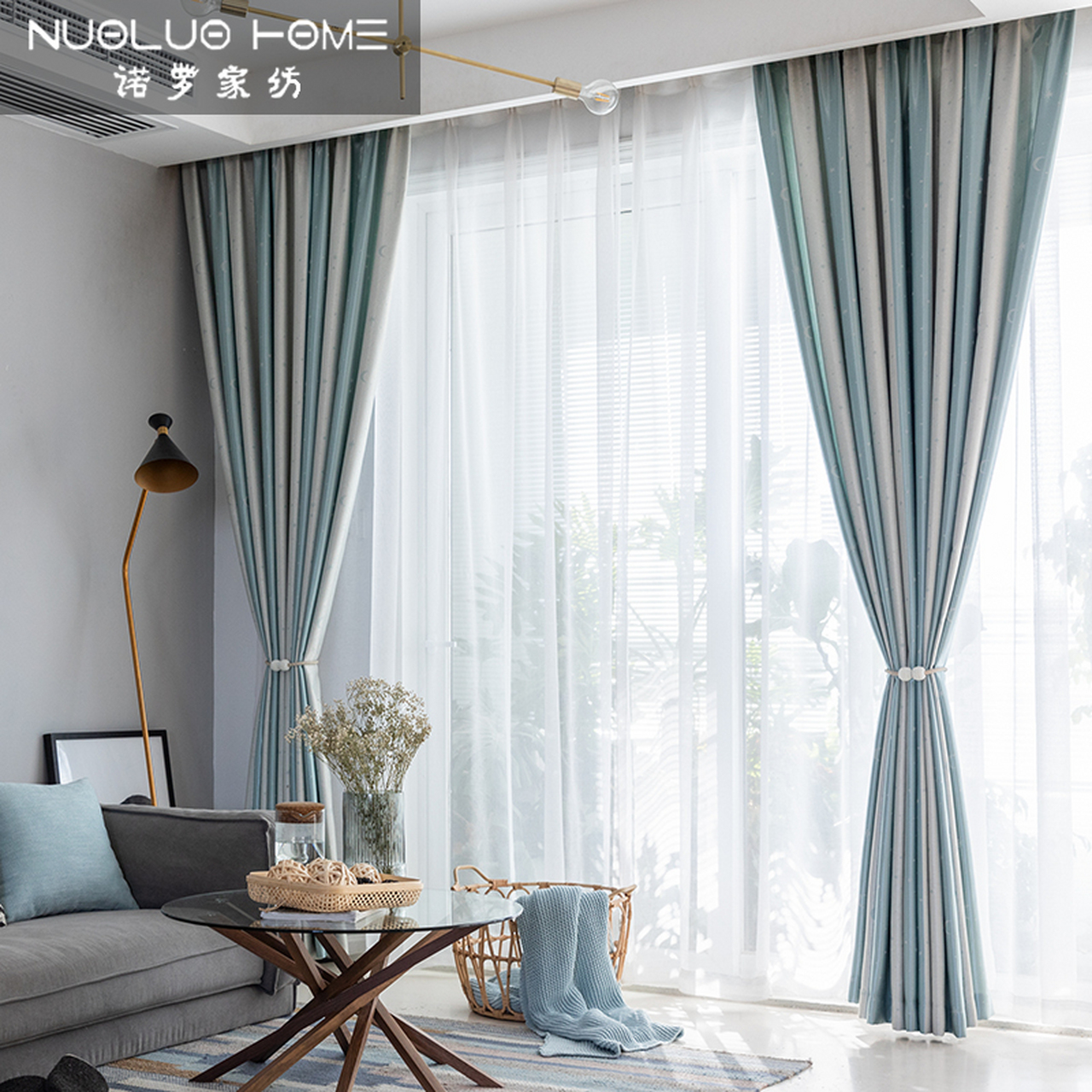 诺罗 窗帘成品遮光挂钩式2022年新款简约现代条纹绿色客厅卧室飘窗