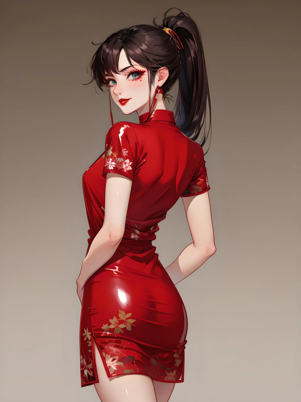 二次元御姐,身着一袭红色乳胶紧身连衣裙,在她的身体上绽放出鲜红的