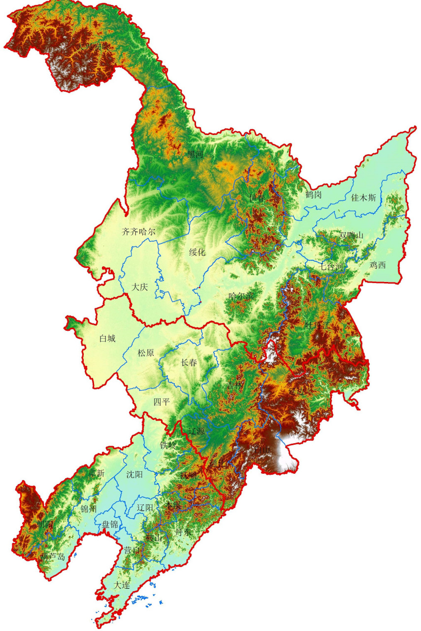 东北三省(黑龙江,吉林和辽宁)地形图