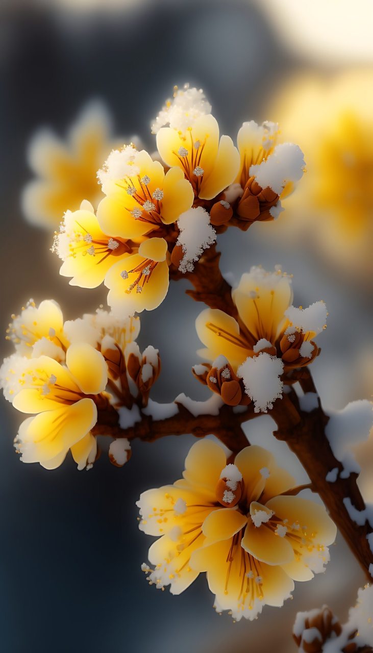 957615腊梅花的树枝在雪地里摇曳,金黄色花瓣如星星点点般散落.