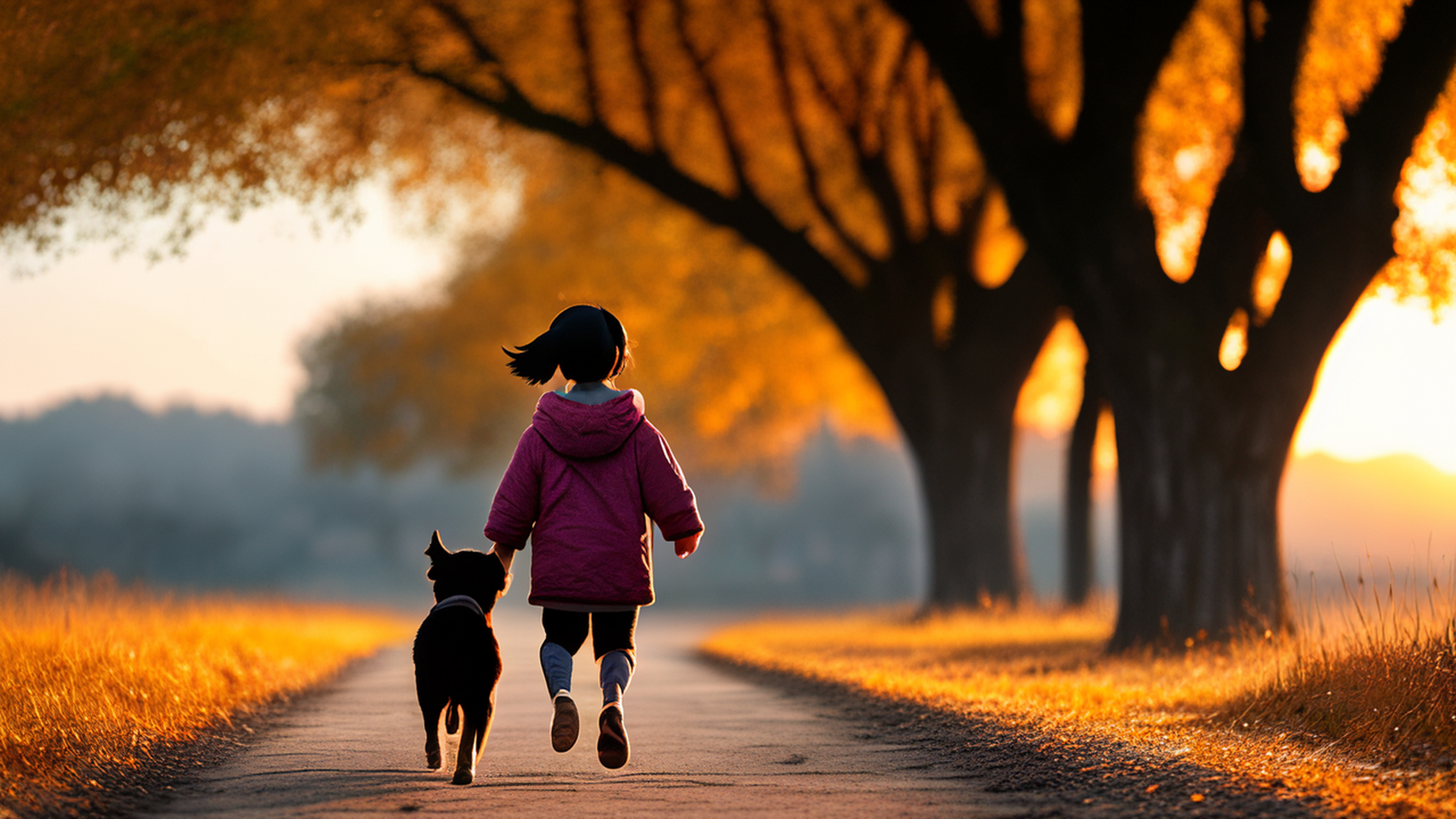 深秋 落日黄昏里 一人一狗 踩着夕阳 朝着炊烟袅袅的方向 欢快奔跑