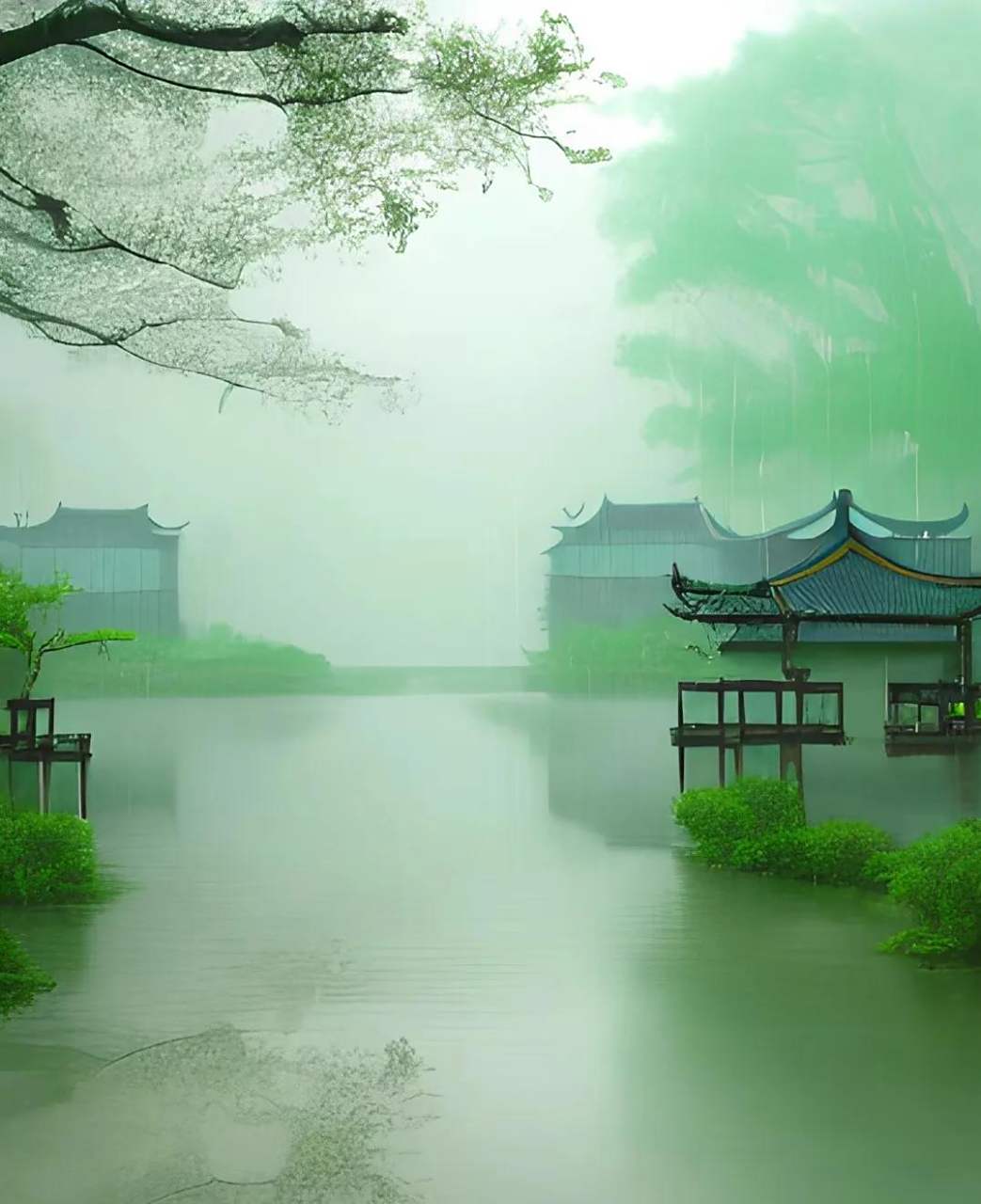 三月的江南烟雨蒙蒙三月江南,山青水美,花好月圆,云雾蒙蒙,春满人间