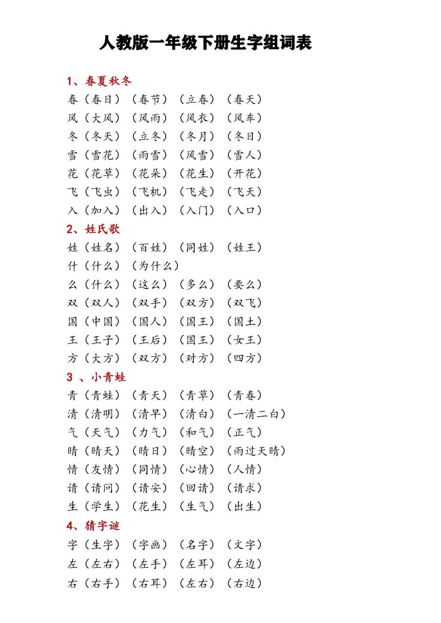 人教版小学一年级语文下册生字组词表.