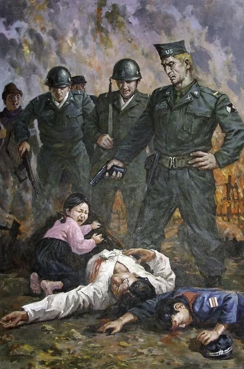 朝鲜反美宣传海报:"美军士兵正在残忍的对待朝鲜人民.