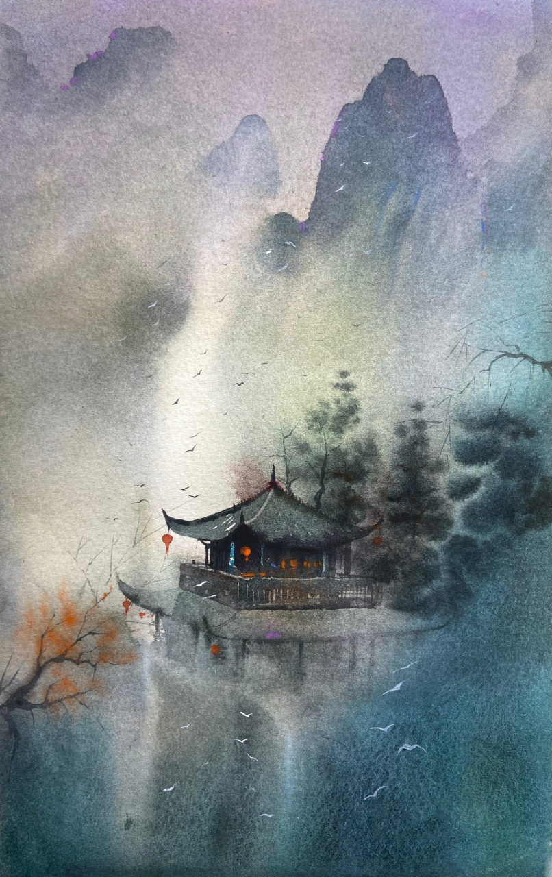 一组古风水彩作品,画如诗歌.