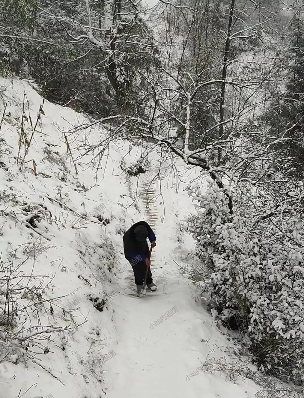 老爺爺怕老奶奶,滑倒了好幾次.但他不怕冷,在雪地裡剷雪.