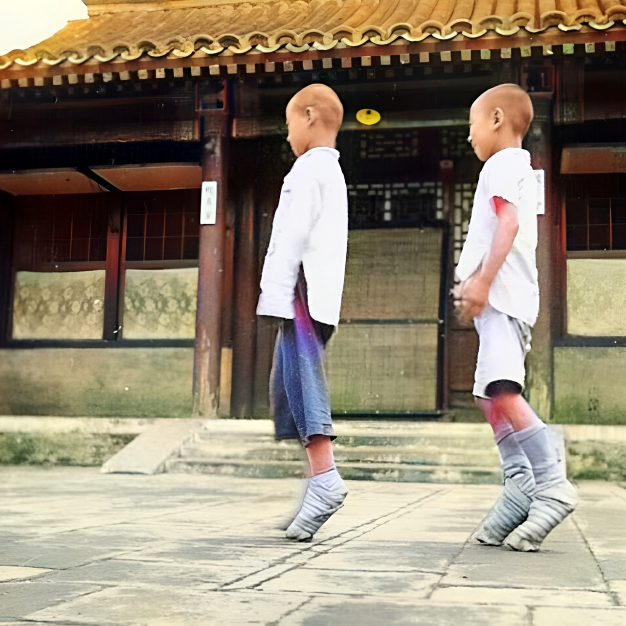 1939年,两名剃着光头,穿着短衣短裤的小男孩正翘着脚跟,踮起脚尖在