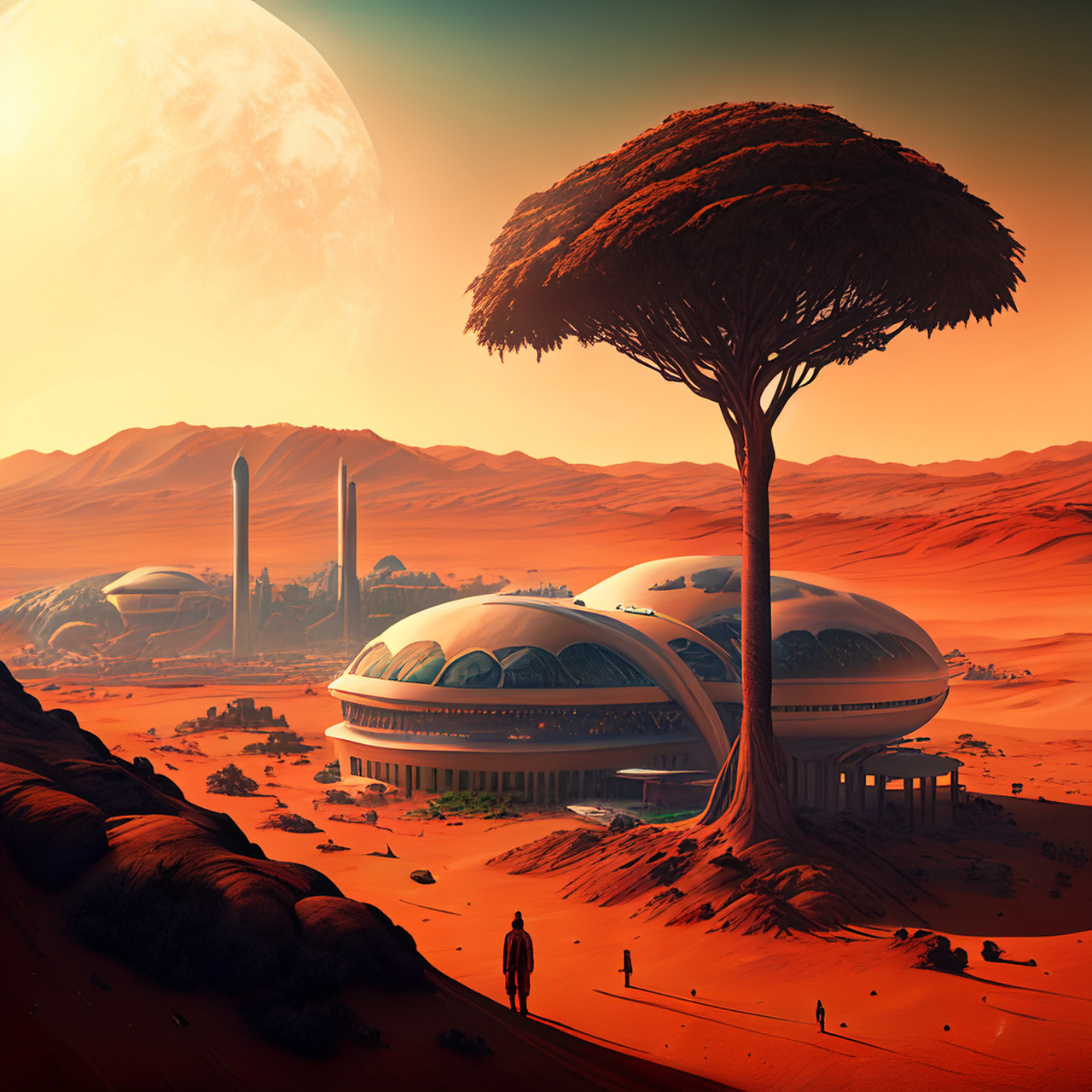 出一幅火星新城市的景象,沧海桑田,绿树成荫,俨然第二个新的地球家园