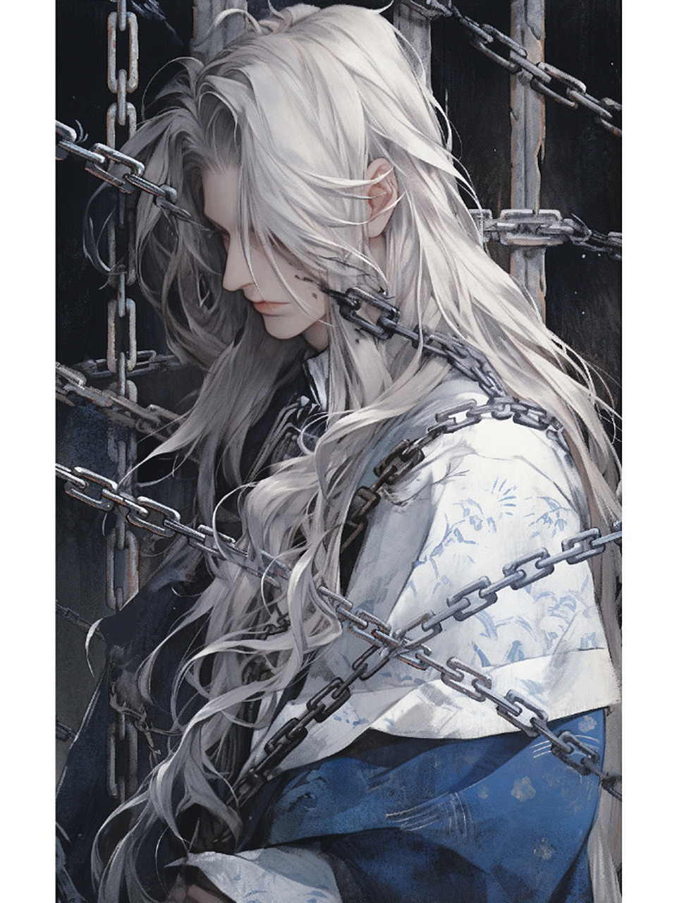 [没眼看] 被铁链锁住的古风白发美男       676767 #古风插画