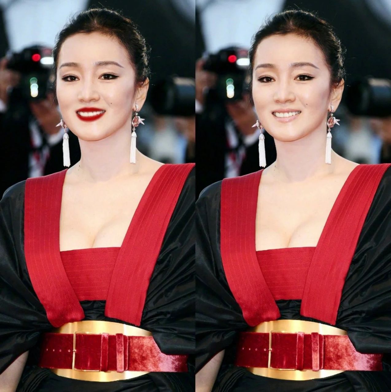 她涂红唇有点过于讨好的意味,裸唇就更睥睨天下.巩俐.