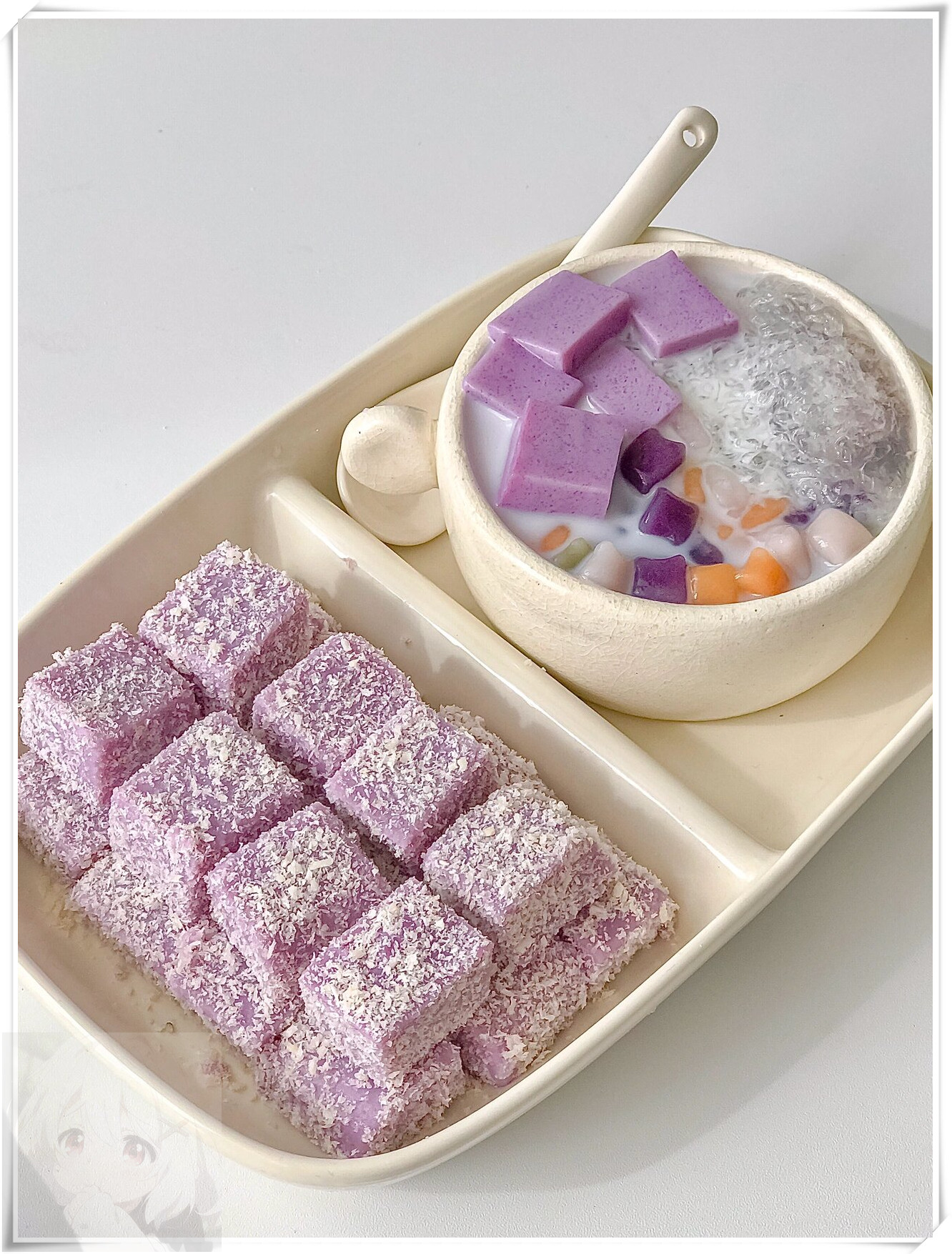 食材: 250毫升温开水,a2成人奶粉,30克玉米淀粉,5克紫薯粉,10克糖