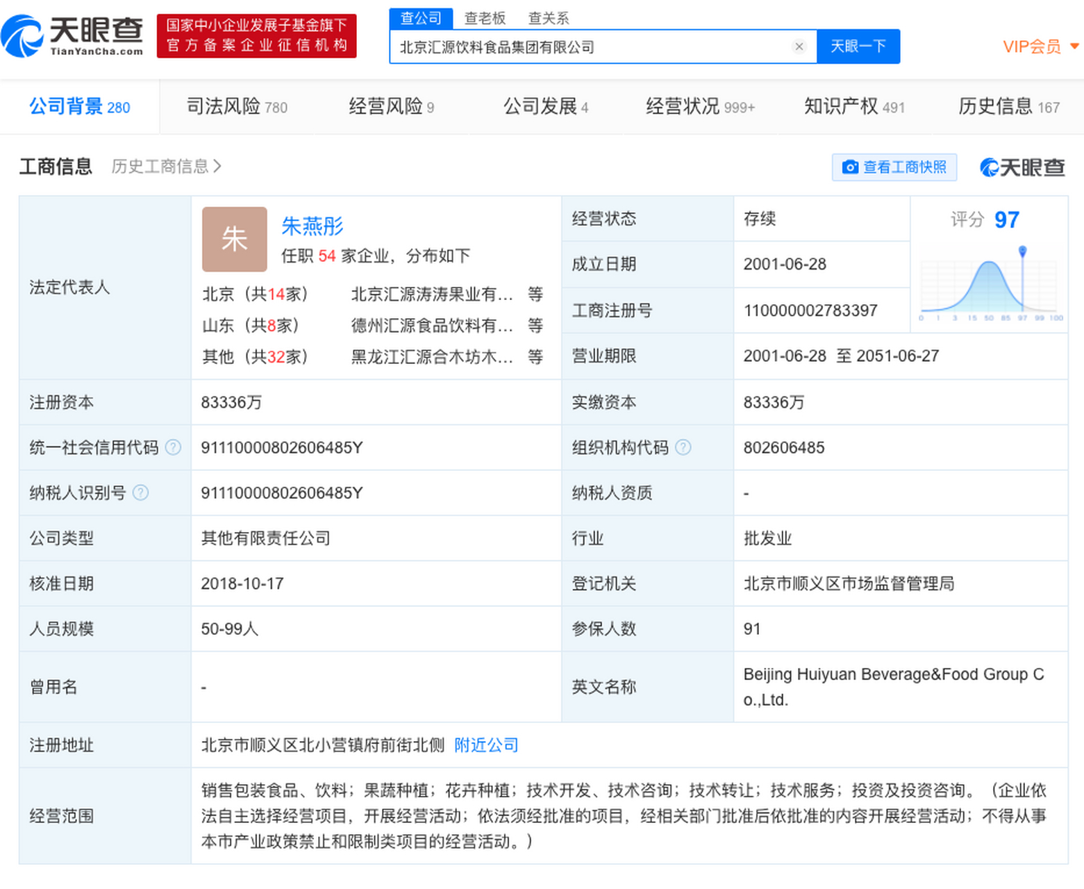 【汇源饮料及朱燕彤再被限制消费】天眼查显示,近日