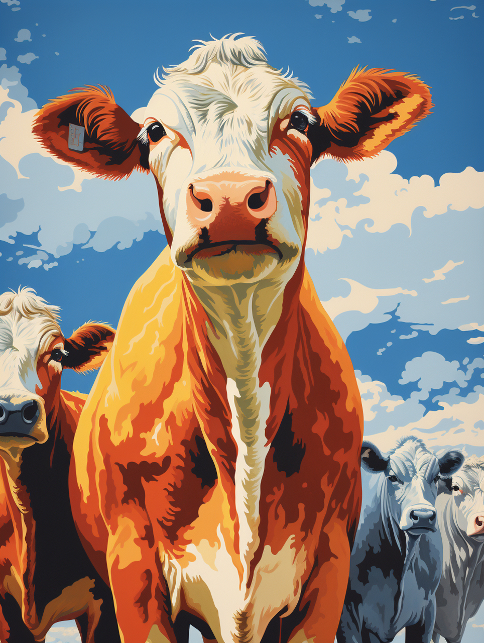 midjourney绘图 | 可爱牛牛  画面中,一头牛在蓝天下与蓬松的云朵相伴